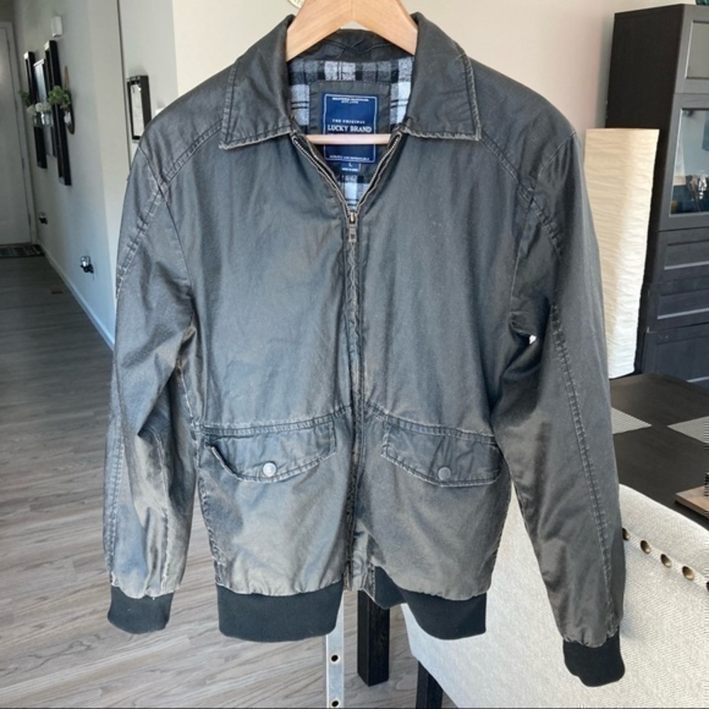 💋Lucky Brand biker moto Jacket 🧥 vintage Black plaid wax co…